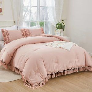 Blush Pink Boho Tassels Queen Size Bed Comforter Shams Bohemian Bedding Set New